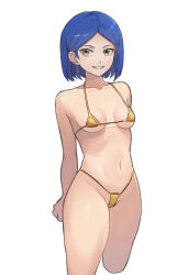 Rule 34 | 1girl, arms behind back, bikini, blue hair, breasts, clenched hand, cropped legs, freckles, highres, looking at viewer, navel, original, short hair, simple background, small breasts, smile, solo, standing, swimsuit, ultimate pigman, white background, yellow bikini