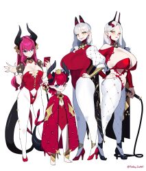 4girls age_difference bare_shoulders blue_eyes blush bracer breasts carmilla_(fate) cellphone cleavage cloak clothing_cutout curled_horns curvy dragon_horns dragon_tail earrings elizabeth_bathory_(fate) fate/extra fate/grand_order fate_(series) full_body grin high_heels highres horns huge_breasts jewelry leotard lipstick long_hair looking_at_viewer makeup medium_breasts monkey_jon multiple_girls multiple_persona navel navel_cutout pantyhose phone pink_hair pointy_ears red_cloak red_hair red_leotard small_breasts smile tail whip white_hair white_pantyhose yellow_eyes