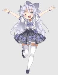 Rule 34 | 1girl, atage, blush, bow, dress, grey eyes, hair bow, hair ribbon, long hair, looking at viewer, one eye closed, open mouth, original, outstretched arms, ribbon, shoes, silver hair, skirt, solo, thighhighs, white thighhighs, wrist ribbon