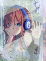Rule 34 | 1girl, blue eyes, blush, breasts, brown hair, closed mouth, commentary request, go-toubun no hanayome, hair between eyes, hand on own cheek, hand on own face, hand on window, headphones, highres, indoors, large breasts, long hair, looking outside, nakano miku, off shoulder, rain, ribbed shirt, shirt, sleeveless, sleeveless shirt, slime07, turtleneck, water drop, window