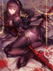 Rule 34 | 1girl, ass, between legs, bodysuit, breasts, closed mouth, covered erect nipples, fate/grand order, fate (series), feet, female focus, foot focus, gae bolg (fate), hair between eyes, highres, imi fumei, large breasts, legs, light smile, long hair, looking at viewer, lying, no shoes, on side, polearm, purple bodysuit, purple hair, red eyes, scathach (fate), smile, soles, solo, spear, thighs, toes, veil, weapon