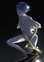 Rule 34 | 1other, androgynous, black background, blue eyes, blue hair, blunt bangs, colored skin, crystal hair, gold, golden arms, heterochromia, houseki no kuni, looking at viewer, necktie, phosphophyllite, phosphophyllite (ll), short hair, solo, spoilers, white eyes, white skin