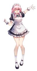 Rule 34 | 1girl, ;d, absurdres, alternate costume, apron, arm up, bare legs, black dress, black footwear, blue eyes, dress, enmaided, frilled apron, frills, gloves, hair intakes, highres, honkai: star rail, honkai (series), kwkunai, looking at viewer, maid, maid headdress, march 7th (honkai: star rail), medium hair, one eye closed, open mouth, pink hair, puffy short sleeves, puffy sleeves, purple eyes, shoes, short sleeves, simple background, smile, socks, solo, white apron, white background, white gloves, white socks