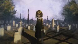 Rule 34 | 1girl, arms at sides, bare tree, black dress, black hair, black pantyhose, brown eyes, center-flap bangs, collared dress, cross, dress, eliot (eokaitekaite969), expressionless, grass, grave, graveyard, highres, horizon, latin cross, long sleeves, looking at viewer, original, pantyhose, pleated dress, puffy long sleeves, puffy sleeves, purple sky, sad, shadow, short hair, sky, solo, standing, sunlight, tombstone, tree