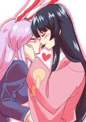 Rule 34 | 2girls, animal ears, black hair, rabbit ears, commentary request, closed eyes, food in mouth, hands on another&#039;s face, heart, highres, houraisan kaguya, japanese clothes, mana (gooney), mouth hold, multiple girls, purple hair, reisen udongein inaba, touhou, yuri