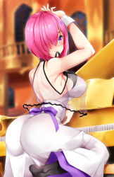 Rule 34 | 1girl, arm up, ass, back, bad id, bad pixiv id, bare shoulders, black legwear, blush, breasts, dress, fate/grand order, fate (series), hair over one eye, highres, instrument, large breasts, looking at viewer, looking back, mash kyrielight, mash kyrielight (under the same sky), mouth hold, official alternate costume, piano, purple eyes, purple hair, sezok, short hair, white dress, wrist cuffs