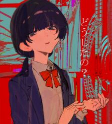 Rule 34 | 1girl, aqua background, black eyes, black hair, blazer, blood, blood on arm, blood on clothes, blue jacket, blunt bangs, blurry, bow, bowtie, character request, collared shirt, commentary, distortion, hair over shoulder, hands up, head back, highres, jacket, light smile, long sleeves, looking at viewer, low twintails, medium hair, middle w, msb (a47630968), open clothes, open jacket, open mouth, original, red background, red bow, red bowtie, school uniform, shirt, solo, twintails, w, white shirt, window