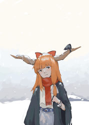 Rule 34 | 1girl, absurdres, black bow, black coat, blush, bow, brown horns, closed mouth, coat, commentary, cowboy shot, flat chest, fn2188, hair bow, highres, horn bow, horn ornament, horns, ibuki suika, long hair, looking at viewer, orange eyes, orange hair, red bow, red scarf, scarf, shirt, smile, snow, snow on head, snowing, solo, touhou, white shirt