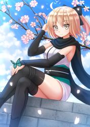 Rule 34 | 1girl, ahoge, bird, black bow, black scarf, black thighhighs, blonde hair, blue sky, blush, bow, brick wall, bug, butterfly, cherry blossoms, cloud, commentary, day, elbow gloves, fate (series), flower, gloves, hair bow, half updo, highres, insect, japanese clothes, kazenokaze, kimono, koha-ace, looking at viewer, name connection, obi, object namesake, okita souji (fate), okita souji (koha-ace), outdoors, ponytail, sash, scarf, short hair, short kimono, short ponytail, sitting, sky, sleeveless, sleeveless kimono, smile, solo, thighhighs, thighs, white kimono, yellow eyes
