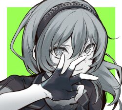 Rule 34 | 1girl, asahi rokka, bad id, bad twitter id, bang dream!, border, fingerless gloves, gloves, green background, greyscale with colored background, hair between eyes, hairband, hand up, highres, long hair, looking at viewer, open mouth, shiontaso, smile, solo, upper body, white border