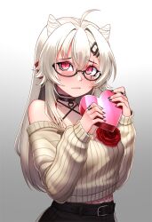 Rule 34 | 1girl, ahoge, belt, black nails, blush, box, closed mouth, flower, frown, glasses, hair between eyes, hair ornament, hairpin, heart-shaped box, highres, indie virtual youtuber, jewelry, long hair, long sleeves, mochi (chain csn), pants, red eyes, red flower, red rose, ring, rose, saruei (vtuber), simple background, solo, sweater, valentine, virtual youtuber, white hair