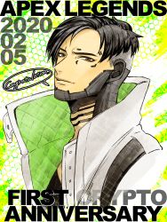 Rule 34 | 1boy, animification, anniversary, apex legends, black hair, brown eyes, character name, crypto (apex legends), from side, head tilt, highres, jacket, light smile, looking at viewer, male focus, mozuwaka, parted hair, solo, speech bubble, undercut, upper body, white jacket