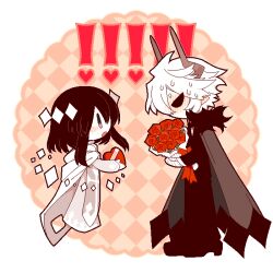 Rule 34 | 1boy, 1girl, androgynous, black hair, black sclera, blush, bouquet, box, candy, cape, chocolate, chocolate heart, colored sclera, demon boy, diamond (shape), embarrassed, etihw (funamusea), flower, flustered, food, full-face blush, funamusea, funamusea (artist), haiiro teien, hair ornament, heart, heart-shaped box, holding, holding bouquet, horns, kcalb (funamusea), long sleeves, looking at another, necktie, nervous sweating, red flower, red rose, rose, short hair, surprised, sweat, sweatdrop, white hair