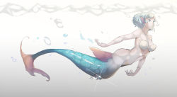 Rule 34 | 1girl, absurdres, air bubble, ass, blue eyes, blue hair, bottomless, breasts, bubble, cleavage, closed mouth, fins, from side, full body, glint, gradient background, head fins, highres, jiankun yu, looking away, mermaid, monster girl, original, shell, shell bikini, short hair, solo, submerged, water