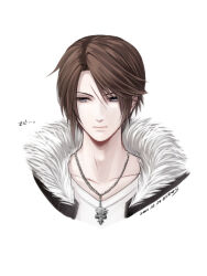 Rule 34 | 1boy, black jacket, blue eyes, brown hair, chain, chain necklace, commentary request, cropped shoulders, dated, expressionless, final fantasy, final fantasy viii, fur-trimmed jacket, fur trim, hiryuu (kana h), jacket, jewelry, looking to the side, male focus, necklace, scar, scar on face, shirt, short hair, signature, simple background, solo, squall leonhart, translation request, upper body, v-neck, white background, white shirt