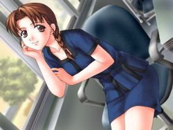 Rule 34 | 1girl, blurry, blush, braid, brown eyes, brown hair, chair, character request, day, depth of field, fifteen, game cg, indoors, joy ride, legs together, libido, light smile, looking at viewer, miniskirt, office chair, short sleeves, sitting, skirt, skirt set, solo, swivel chair, teacher, tree, twin braids, window