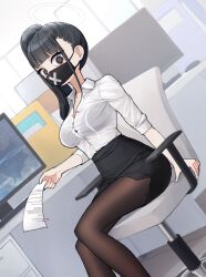 Rule 34 | 1girl, 28 (282teeth), black hair, blue archive, chair, collared shirt, extra, grey eyes, halo, highres, holding, looking at viewer, mask, mouth mask, office lady, on chair, pantyhose, pencil skirt, shirt, side ponytail, sitting, skirt, sukeban (smg) (blue archive), white shirt