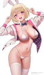 Rule 34 | + +, 1girl, animal ears, bikini, blonde hair, blush, bow, bowtie, breasts, cleavage, collarbone, detached collar, fake animal ears, highres, jacket, large breasts, long sleeves, looking at viewer, navel, open clothes, open jacket, open mouth, original, pantheon eve, pink eyes, rabbit ears, short hair, smile, solo, sparkling eyes, swimsuit, thighhighs, thighs, white bikini, white jacket, white thighhighs