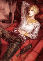 Rule 34 | 1boy, absurdres, alcohol, blonde hair, bottle, bracelet, casual, couch, cup, drinking glass, fate/zero, fate (series), gilgamesh (fate), highres, jewelry, male focus, missingcat318, necklace, official alternate costume, realistic, red eyes, red upholstery, snakeskin, snakeskin print, solo, wine, wine glass