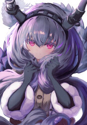 Rule 34 | 1girl, arknights, black gloves, blush, brown cardigan, buttons, cardigan, deyuaru, gloves, hair between eyes, highres, holding, holding own hair, horns, long sleeves, looking at viewer, pink eyes, purple hair, simple background, solo, tail, typhon (arknights), upper body, white background