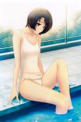 Rule 34 | 1girl, absurdres, black eyes, black hair, bob cut, breasts, chain-link fence, day, fence, highres, kara no shoujo, leg up, looking down, one-piece swimsuit, open mouth, outdoors, parted lips, pool, poolside, ripples, school swimsuit, short hair, sitting, small breasts, soaking feet, solo, sugina miki, swimsuit, tokisaka yukari, water, wet, white school swimsuit, white one-piece swimsuit