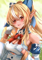 Rule 34 | 1girl, blonde hair, blue bow, blue collar, blush, bow, breasts, cleavage, cleavage cutout, clothing cutout, collar, dark-skinned female, dark skin, detached collar, detached sleeves, gloves, hair bow, halter shirt, halterneck, highres, hololive, large breasts, looking at viewer, mikazuki cocolo, multicolored hair, open mouth, pointy ears, shiranui flare, shiranui flare (1st costume), shirt, sleeveless, sleeveless shirt, smile, solo, streaked hair, teeth, upper teeth only, virtual youtuber, white gloves, white hair, white shirt, white sleeves