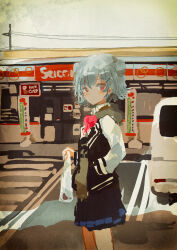 Rule 34 | 1girl, absurdres, bag, banner, black skirt, blush, car, cevio, closed mouth, commentary request, convenience store, cowboy shot, day, dot mouth, double bun, expressionless, film grain, flipped hair, from side, grey hair, grey hoodie, hair bun, hair ornament, hairclip, hand in pocket, highres, holding, holding bag, hood, hood down, hoodie, jacket, jacket over hoodie, kabuyama kaigi, koharu rikka, long sleeves, looking at viewer, looking to the side, motor vehicle, multicolored clothes, multicolored jacket, nobori, open clothes, open jacket, outdoors, parking lot, plastic bag, pleated skirt, power lines, red eyes, school uniform, shop, short hair, skirt, solo, synthesizer v, two-tone jacket, utility pole, vignetting