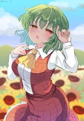 Rule 34 | 1girl, arm up, ascot, blurry, blurry background, blush, breasts, collared shirt, commentary request, flower, frilled skirt, frills, garden of the sun, green hair, green nails, highres, kazami yuuka, large breasts, long sleeves, looking at viewer, nail polish, narrowed eyes, open mouth, plaid, plaid skirt, plaid vest, ramudia (lamyun), red eyes, red skirt, red vest, shirt, short hair, skirt, solo, sunflower, touhou, twitter username, vest, white shirt, wing collar, yellow ascot