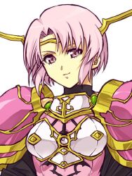 Rule 34 | 1girl, armor, breasts, closed mouth, growlanser, growlanser vi, looking at viewer, medium breasts, murata tefu, pink hair, short hair, shoulder armor, simple background, smile, solo, wendy (growlanser), white background