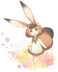 Rule 34 | 1girl, :d, animal ears, blush, brown hair, dress, dyed bangs, eyebrows, flower, kito (sorahate), multicolored hair, open mouth, original, petals, short hair, sleeveless, sleeveless dress, smile, solo, tail, two-tone hair, yellow eyes