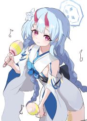 Rule 34 | 1girl, blue archive, blue hair, blue halo, blush, braid, chise (blue archive), closed mouth, eicyan123, flower, hair flower, hair ornament, halo, highres, holding maracas, instrument, long hair, looking at viewer, low twin braids, maracas, oni, simple background, smile, solo, twin braids