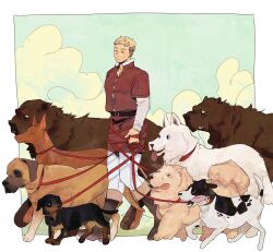 Rule 34 | 1boy, blonde hair, boots, bound, brown eyes, brown footwear, closed mouth, cloud, commentary, dog, dungeon meshi, english commentary, full body, green background, green sky, highres, holding, holding leash, laios touden, leash, long sleeves, looking at viewer, male focus, multiple dogs, pet walking, short hair, tied up (nonsexual), too many, too many dogs, undercut, very short hair, walking, warg, ylisseantactics