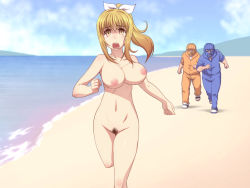 Rule 34 | 1girl, beach, blonde hair, blush, bouncing breasts, breasts, cloud, large breasts, legs, long hair, looking at viewer, mask, nightmare express, nipples, nude, ocean, open mouth, ponytail, pubic hair, running, sand, shimano natsume, sky, tears, thighs, uncensored, water, yellow eyes