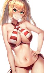 Rule 34 | 1girl, ahoge, bare shoulders, bikini, blonde hair, blush, breasts, cleavage, closed mouth, collarbone, criss-cross halter, fate/grand order, fate (series), green eyes, hair between eyes, hair intakes, halterneck, hand on own hip, highres, large breasts, long hair, looking at viewer, motokonut, navel, nero claudius (fate), nero claudius (fate) (all), nero claudius (swimsuit caster) (fate), side-tie bikini bottom, simple background, smile, solo, striped bikini, striped clothes, swimsuit, twintails, white background