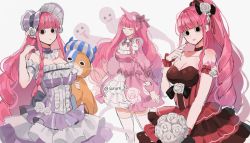 Rule 34 | 3girls, artist request, black eyes, bonnet, breasts, choker, cleavage, dress, flower, ghost, gothic lolita, hat, large breasts, lolita fashion, long hair, looking at viewer, multiple girls, multiple persona, one piece, perona, pink hair, ponytail, twintails, very long hair