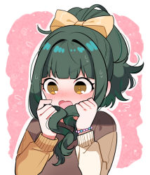 Rule 34 | 1girl, :o, bead bracelet, beads, blunt bangs, blush, bow, bracelet, embarrassed, fang, floral print, flying sweatdrops, fujii tomo, full-face blush, gamo, green hair, hair bow, hair intakes, high ponytail, holding, holding hair, idolmaster, idolmaster cinderella girls, jewelry, looking down, multicolored clothes, multicolored sweater, outline, ponytail, skin fang, solo, sweatdrop, sweater, two-tone background, upper body, wavy hair