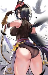 Rule 34 | 1girl, absurdres, ass, back, bird, black hair, bodysuit, breasts, brown bodysuit, brown gloves, commentary request, crow, from behind, genshin impact, gloves, highres, kujou sara, large breasts, looking at viewer, looking back, loooyd, mask, mask on head, short hair, simple background, tengu mask, thighs, white background, yellow eyes