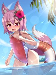 Rule 34 | 1girl, animal ears, competition swimsuit, cowboy shot, fangs, flat chest, flower, fox ears, fox tail, hair flower, hair ornament, hibiscus, highres, hotel01, innertube, one-piece swimsuit, open mouth, original, pink hair, red eyes, red one-piece swimsuit, short hair, solo, sun, swim ring, swimsuit, tail, wading, water