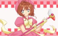 Rule 34 | 1990s (style), 1girl, anime coloring, antenna hair, bow, brown hair, cardcaptor sakura, checkered background, dress, dress bow, eyebrows hidden by hair, fuuin no tsue, gloves, green eyes, hat, holding, holding staff, kinomoto sakura, looking at viewer, magical girl, pink dress, pink hat, puffy short sleeves, puffy sleeves, retro artstyle, ribbon, scepter, short hair, short sleeves, skullchimes, smile, solo, staff, upper body, yellow bow, yellow gloves, yellow ribbon