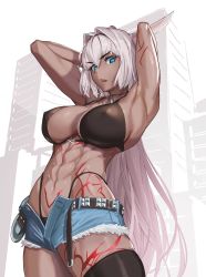 Rule 34 | 1girl, abs, animal ears, armpits, arms behind head, arms up, bare shoulders, belt, bikini, black bikini, blue eyes, blue shorts, body markings, breasts, caenis (fate), cleavage, collarbone, dark-skinned female, dark skin, fate/grand order, fate (series), hairband, highleg, highleg bikini, highres, large breasts, long hair, looking at viewer, massive kagawa, muscular, muscular female, navel, open mouth, short shorts, shorts, swimsuit, thighs, very long hair, white hair