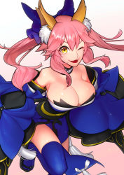 Rule 34 | 10s, 1girl, ;3, animal ears, bad id, bad pixiv id, bare shoulders, blue thighhighs, blush, breasts, cleavage, detached sleeves, fang, fate/extra, fate/extra ccc, fate (series), fox ears, fox tail, hair ribbon, japanese clothes, large breasts, leaning forward, long hair, long sleeves, looking at viewer, obi, one eye closed, parted lips, pink hair, ribbon, sash, sokuse kienta, solo, tail, tamamo (fate), tamamo no mae (fate/extra), thighhighs, two side up, wide sleeves, yellow eyes