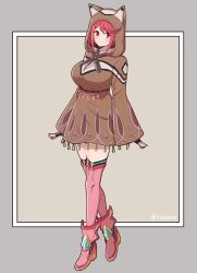 Rule 34 | 1girl, arms at sides, black gloves, bob cut, boots, breasts, closed mouth, dangle earrings, disguised pyra (xenoblade), earrings, fingerless gloves, full body, gloves, hood, hoodie, jewelry, large breasts, mochimochi (xseynao), pyra (xenoblade), red eyes, red hair, short hair, smile, solo, standing, standing on one leg, swept bangs, thigh boots, thighhighs, twitter username, xenoblade chronicles (series), xenoblade chronicles 2