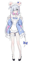 Rule 34 | 1girl, :o, animal ears, apron, black footwear, blue bow, blue eyes, blue jacket, blush, bow, braid, choker, collarbone, commentary request, ear piercing, frilled apron, frilled sleeves, frills, full body, grey hair, hair bow, hands up, heart, highres, jacket, jersey maid, long hair, long sleeves, looking at viewer, maid, maid apron, maid headdress, mouse ears, mouse girl, mouse tail, multicolored hair, off shoulder, ohihil, one side up, open clothes, open jacket, original, parted lips, piercing, pink bow, pink hair, puffy long sleeves, puffy sleeves, shoes, simple background, sleeves past wrists, solo, standing, tail, tail bow, tail ornament, track jacket, two-tone hair, unconventional maid, very long hair, white apron, white background, white bow, white choker