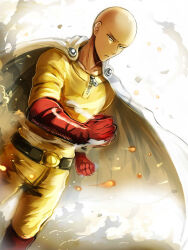 Rule 34 | 1boy, aku-usagi, bald, belt, black belt, black eyes, bodysuit, cape, clenched hands, closed mouth, commentary, gloves, male focus, one-punch man, red footwear, red gloves, saitama (one-punch man), solo, tumblr username, white cape, yellow bodysuit