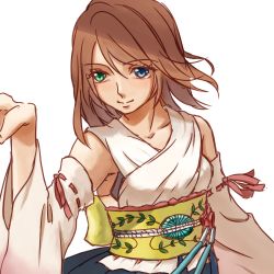 Rule 34 | 00s, 1girl, apo (13-ff-too-love), blue eyes, brown hair, detached sleeves, final fantasy, final fantasy x, green eyes, heterochromia, highres, japanese clothes, jewelry, necklace, short hair, solo, staff, weapon, yuna, yuna (ff10)