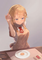 Rule 34 | 1girl, absurdres, apron, blue eyes, blush, breasts, brown apron, closed mouth, collared shirt, commentary, cookie, food, gear hair ornament, grey background, hand on own hip, highres, hololive, hololive english, juse (simasmasi), magnifying glass, medium breasts, meme, necktie, parody, plate, red necktie, salt bae (meme), shirt, short hair, short necktie, short sleeves, simple background, solo, twitter username, upper body, virtual youtuber, watson amelia, white shirt, wing collar