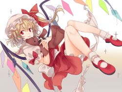 Rule 34 | 1girl, blonde hair, bloomers, crystal, flandre scarlet, full body, gradient background, hat, hat ribbon, looking at viewer, lunica, mary janes, mob cap, open mouth, puffy sleeves, red eyes, ribbon, shirt, shoes, short hair, short sleeves, side ponytail, skirt, skirt set, smile, socks, solo, stuffed animal, stuffed toy, teddy bear, touhou, underwear, vest, white socks, wings