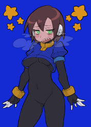 Rule 34 | absurdres, aile (mega man zx), blue jacket, blush, breasts, breath, brown hair, buzzlyears, covered navel, cowboy shot, cropped jacket, glowing, glowing eyes, green eyes, highres, jacket, looking at viewer, medium breasts, mega man (series), mega man zx, no pants, open mouth, robot ears, sharp teeth, short hair, simple background, star (symbol), sweat, teeth, underboob, upper teeth only, white background