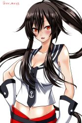 Rule 34 | 10s, 1girl, ar (lover boy), black hair, blush, breasts, brown eyes, cleavage, collarbone, cowboy shot, gloves, groin, hand on own hip, highres, kantai collection, large breasts, long hair, looking at viewer, navel, parted lips, ponytail, school uniform, serafuku, sidelocks, smile, solo, twitter username, white gloves, yahagi (kancolle)