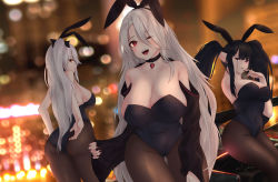 Rule 34 | 3girls, absurdres, alternate costume, animal ears, ass, azur lane, black bow, black choker, black hair, black jacket, black legwear, black leotard, bow, breasts, choker, cleavage, covered navel, detached collar, fake animal ears, hand in own hair, heart, heart necklace, highleg, highleg leotard, highres, jacket, large breasts, leotard, long hair, looking at viewer, looking back, multiple girls, nail polish, necklace, off shoulder, one eye closed, open mouth, pantyhose, peter strasser (azur lane), playboy bunny, prinz eugen (azur lane), prinz heinrich (azur lane), rabbit ears, red eyes, red nails, silver hair, sitting, strapless, strapless leotard, thighs, twintails, very long hair, zynxy